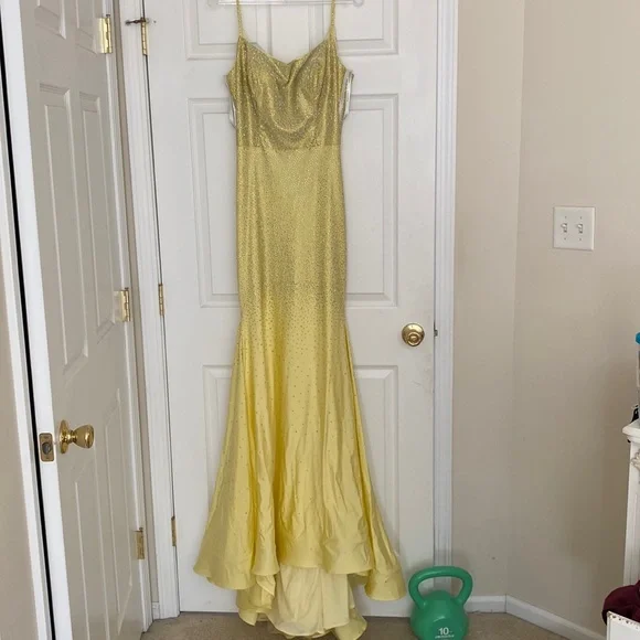 open lace back dress Amarra 87261 Light Yellow Prom Dress Size 8 One Shoulder main image 1